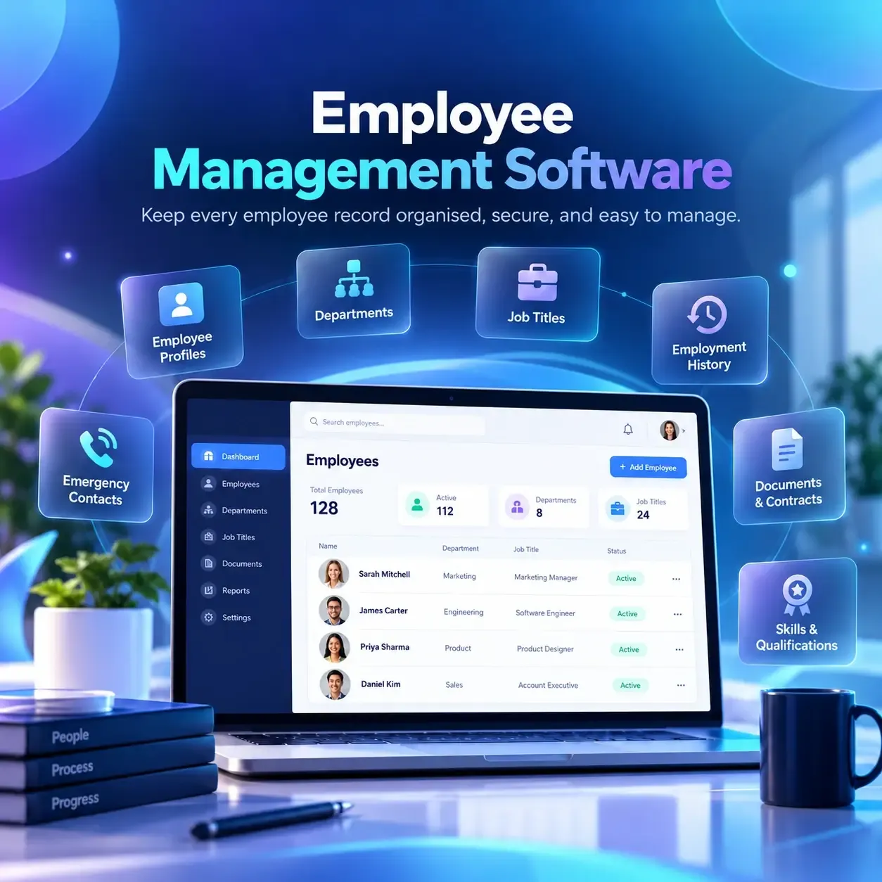Employee Management Software with laptop dashboard interface
